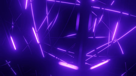 3d render. intersection of wire with purple neon glow on faces crossing each other. Abstract sci fi and technology background with concentric mechanism and beautiful light.の写真素材
