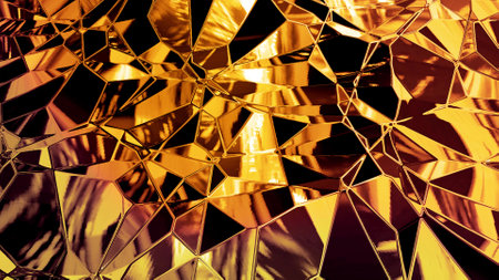 Abstract background with wavy sparkling golden liquid pattern on shiny glossy surface. Viscous yellow fluid like surface of gold foil or brilliant glass. Beautiful creative festive backdrop. 3d renderの写真素材