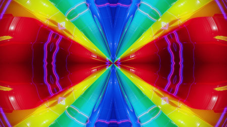 3d render. Abstract symmetric 3D structures, smooth rainbow color gradients. Kaleidoscope effect with abstract fractal waves. Beautiful abstract background with 3d pattern. DOFの写真素材