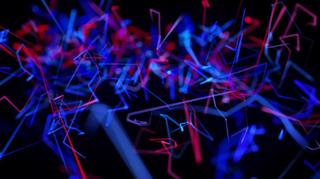 Motion graphics, sci-fi bg with flow of blue red neon glow lines form digital 3d space. Connection concept. Visualization of neural network operation, multiple calculations ai. 3d renderの素材