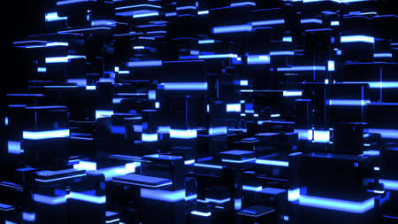 3d render. Dark science fiction blue background. Abstract dark bg neon cubes light bulbs. Different sizes cubes network lighting blue neon light. Blockchain technology visualizationの写真素材