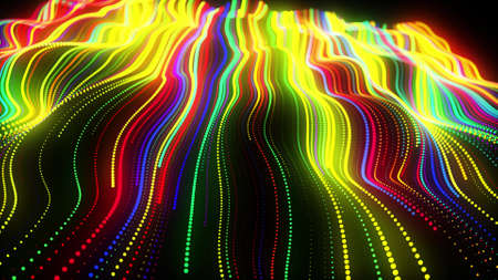3d render. Motion design background. Festive bg with multicolored particles. Abstract 3d bg with glow particles lined up in a row along curved waving lines in 3d space.の写真素材