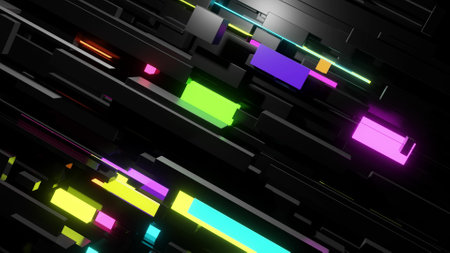 3d render. Different sizes cubes network lighting multicolor neon light, like night city. Abstract...