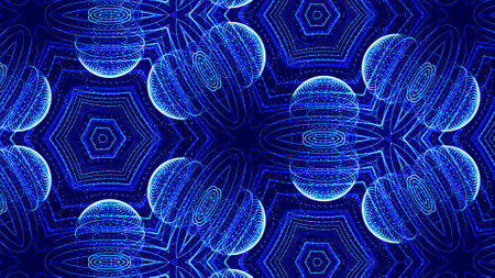 Blue motion design background with symmetrical floral pattern. Triangular structure. Abstract sci-fi...