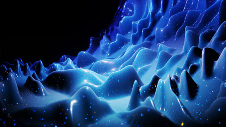 3d render. Fantastical festive blue bg. Stylish abstract background, waves on glossy surface like landscape made of liquid blue wax with sparkles. Beautiful soft backgroundの写真素材