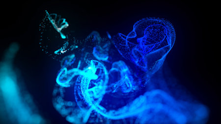 3d render. Injection of fluorescent ink in water isolated on black background. Glow particles or...