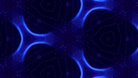 Blue motion design background with symmetrical floral pattern. Triangular structure. Abstract sci-fi...
