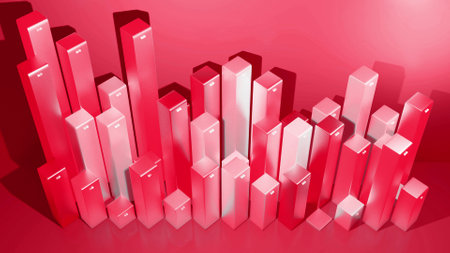 3d render. Beautiful red color background for analytical programs with abstract infographics, statistical data. Bars, counters and graph. 3d columns financial backgroundの写真素材
