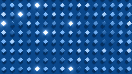 3d render. 3d abstract dark geometric bg with gray cubes flash with blue neon light randomly. Cubes...
