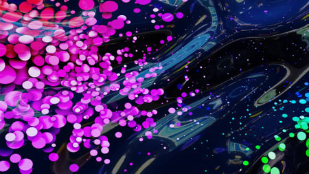 abstract background of shiny glossy surface like wavy transparent liquid with rainbow color circles...