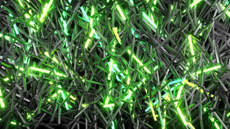 3d render. 3d abstract simple geometric background with green yellow rectangles like light bulbs...