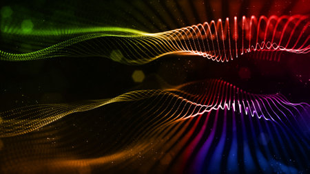 abstract sci-fi background with glow particles form curved lines, surfaces, hologram structures or virtual digital space. Motion design background with gradient color. Blue red green.の写真素材