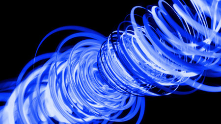 3d render. Motion design bg of flow lines form helix and abstract structures. Blue lines swirling in...