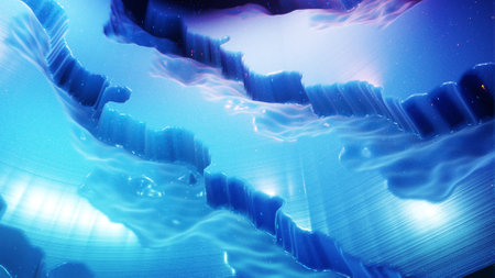 3d render. Fantastical festive blue bg. Stylish abstract background, waves on glossy surface like landscape made of liquid blue wax with sparkles. Beautiful soft backgroundの写真素材