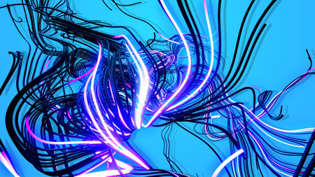 3d render. Multicolor flash of curved lines. Running neon lights like garland or lightnings. AI signals on blue background. Concept of neural network, artificial intelligence. Abstract bgの写真素材