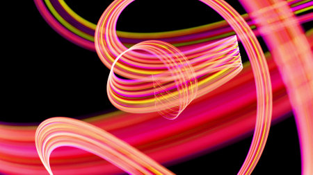 3d render. Light flow bg. Abstract background with light trails, stream of green red yellow neon...