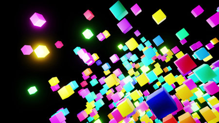 3d abstract simple geometric background with multicolor cubes flash neon light. Cubes fly in the air. Creative simple motion design background with 3d objects. 3d renderの写真素材