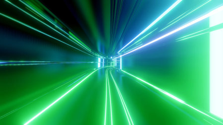 3d render. Sci-fi tunnel with neon lights. Abstract high-tech tunnel as background in the style of cyberpunk or high-tech future. Blue green colorsの写真素材