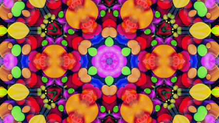Star symmetry. Kaleidoscope effect from wavy shiny liquid surface with distorted circles like drops...