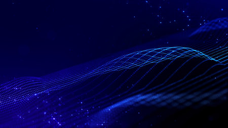 3d render. Abstract sci-fi bg with glow particles form curved lines, surfaces, hologram structures...
