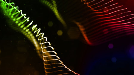 abstract sci-fi background with glow particles form curved lines, surfaces, hologram structures or...
