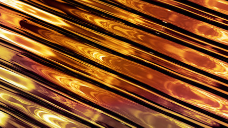 Abstract background with wavy sparkling golden liquid pattern on shiny glossy surface. Viscous...