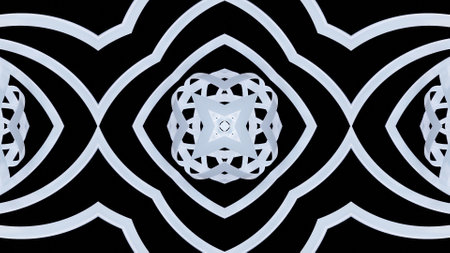 3d render. Kaleidoscope effect with symmetrical structure with round thing like rings or circles twisting in concentric structure. Abstract pattern. Pearl material. 3D stylish abstract white bg.の写真素材