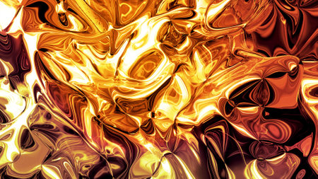 Abstract background with wavy sparkling golden liquid pattern on shiny glossy surface. Viscous yellow fluid like surface of gold foil or brilliant glass. Beautiful creative festive backdrop. 3d renderの写真素材