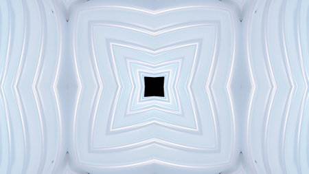 3d render. Kaleidoscope effect with symmetrical structure with round thing like rings or circles twisting in concentric structure. Abstract pattern. Pearl material. 3D stylish abstract white bg.の写真素材