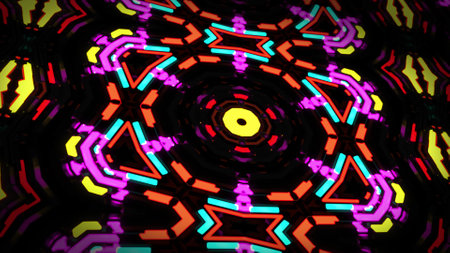 dark background with abstract symmetrical mechanism and neon light, DOF. Science fiction cyberpunk...