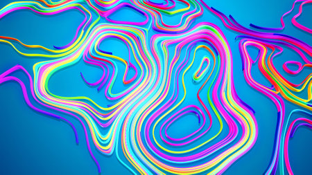 Abstract bg with multicolor lines or ribbons forming curl noise on blue plane. Concept of abstract...