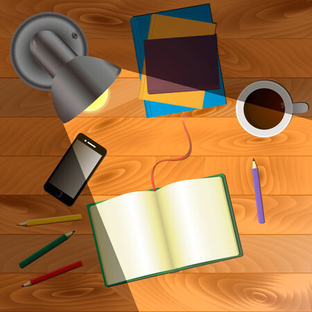 Wooden table with books.の写真素材