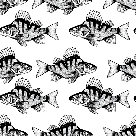 Illustration of seamless pattern with black fish on white background.の写真素材