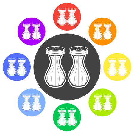 Vector illustration of seasoning icon. Salt and pepper on white background. Set flat color design. Round.のイラスト素材