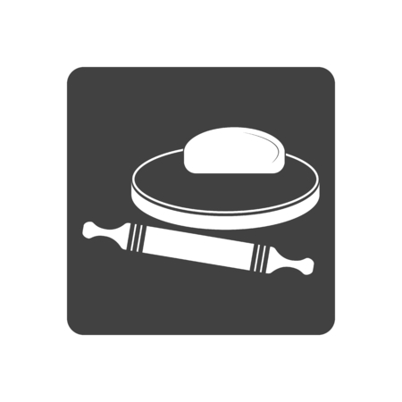 Vector illustration of dough and rolling pin on a wooden board. Icon on white background. Button.のイラスト素材