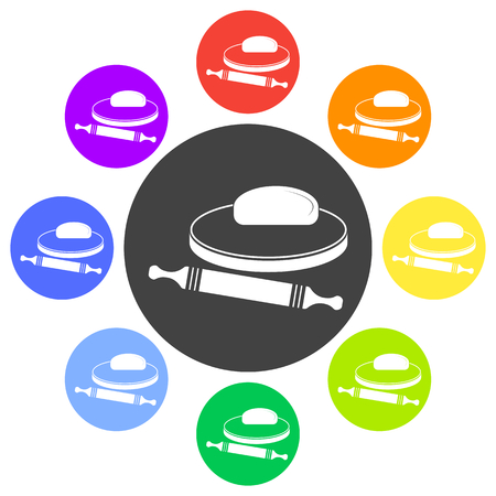 Vector illustration of dough and rolling pin on a wooden board. Icon on white background. Set color flat design. Round.のイラスト素材