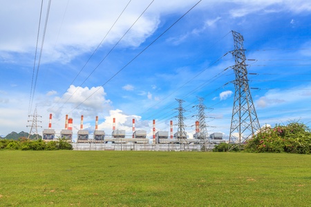 Mae Moh Power Plant and high voltage powerline at  Lampang THAILANDの写真素材