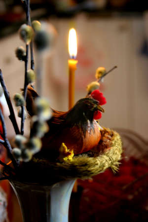 abstract scene festive branch pussy willows and easter henの写真素材