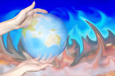 abstract scene two hands keeps planet on abstract background