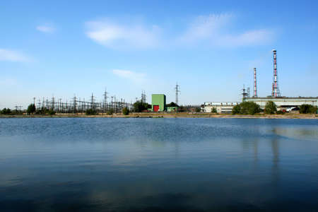 industrial landscape ashore lakeの写真素材
