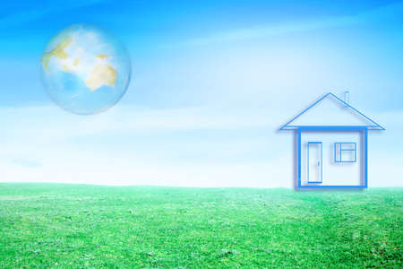 drawn lodge and planet on background blue sky on green floorの写真素材