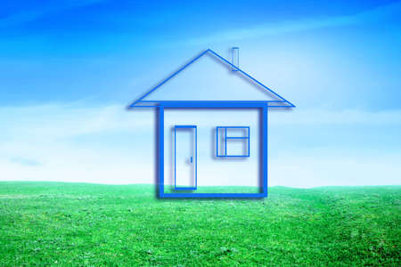 drawn lodge on background blue sky on green floorの写真素材