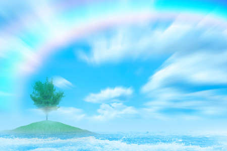 beautiful green herb on abstract island on background bright blue sky and cloud astirの写真素材