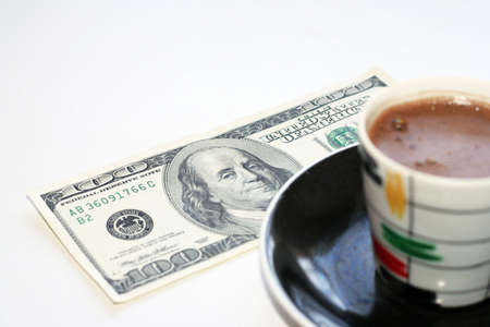 cup black hot coffee and paper billの写真素材