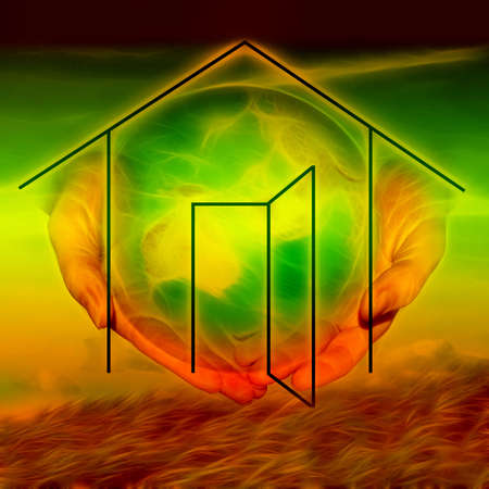 planet in feminine palmの写真素材