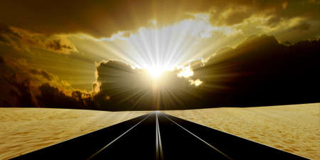 route in desert on background of the celestial landscape の写真素材