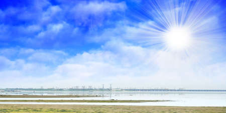 river on background solar year skyの写真素材