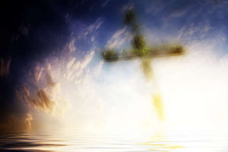 scene old cross and celestial landscape as religious backgroundの写真素材