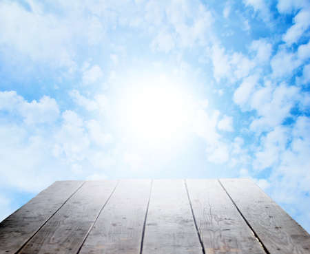 wooden podium on background beautiful celestial landscapeの写真素材