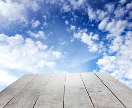 wooden podium on background beautiful celestial landscapeの写真素材